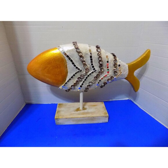 NEW Wood Carved Sea Shell Fish Statue Figurine Nautical - Picture 1 of 8